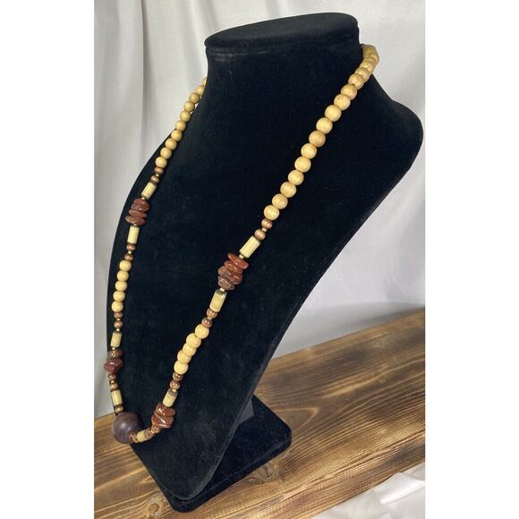 Vintage Ethnic Boho Wood & Jasper Beaded Necklace 29.5” L Signed Kim - Picture 4 of 7